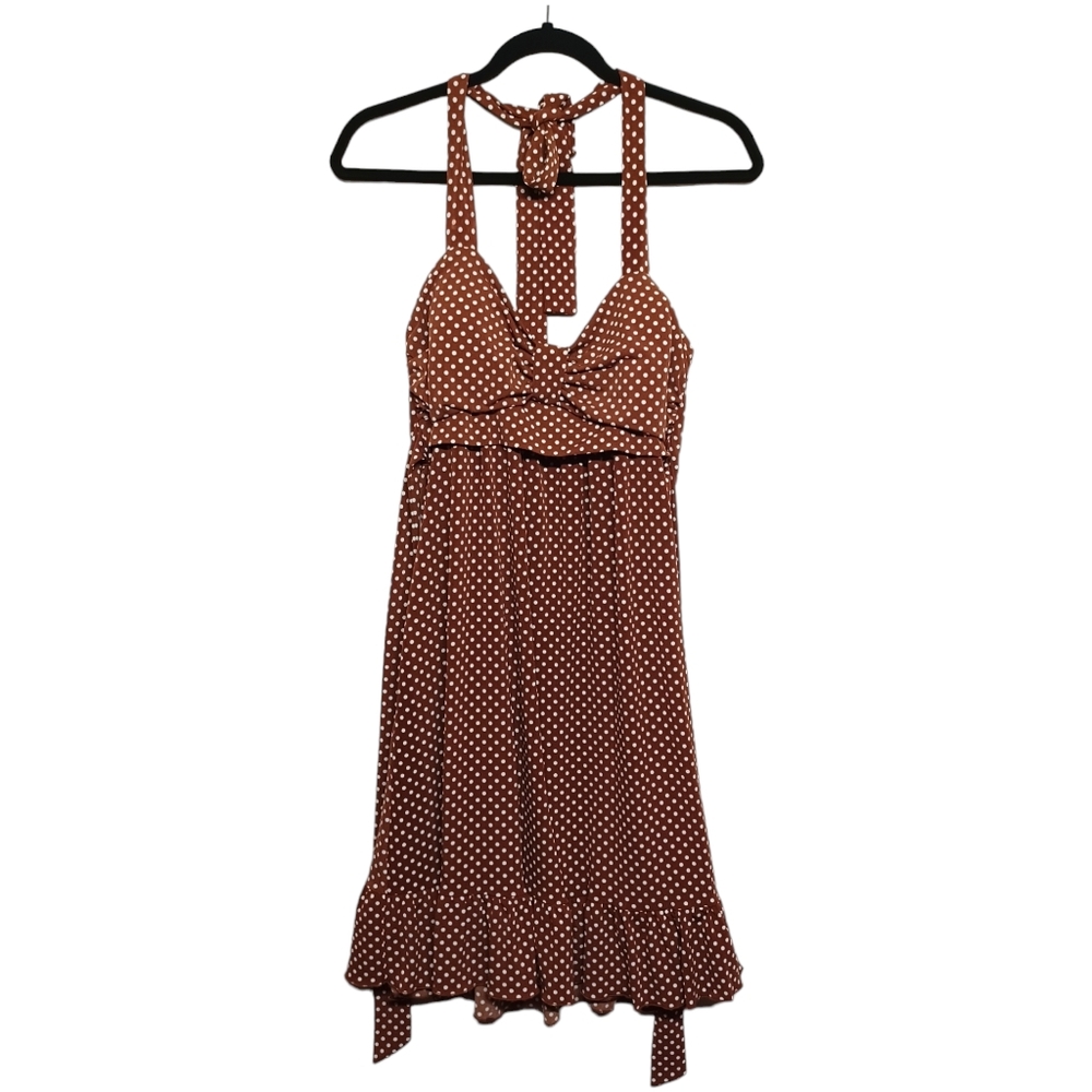 GIRL XPRESS White Polka Dot Print Halter Neckline Brown Retro Dress 14